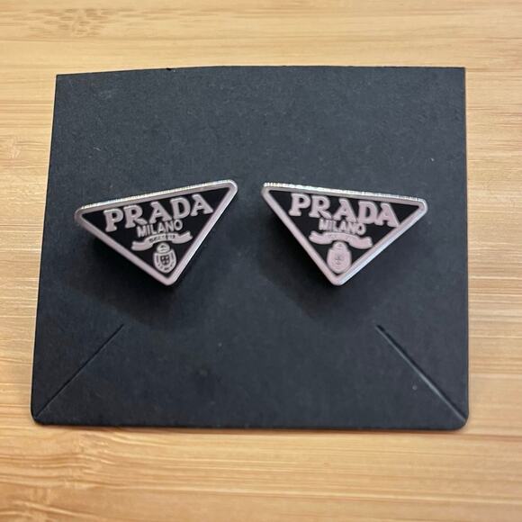 PRADA Black & Silver Triangle Logo Earrings – Pierced, Stamped - Picture 1 of 5